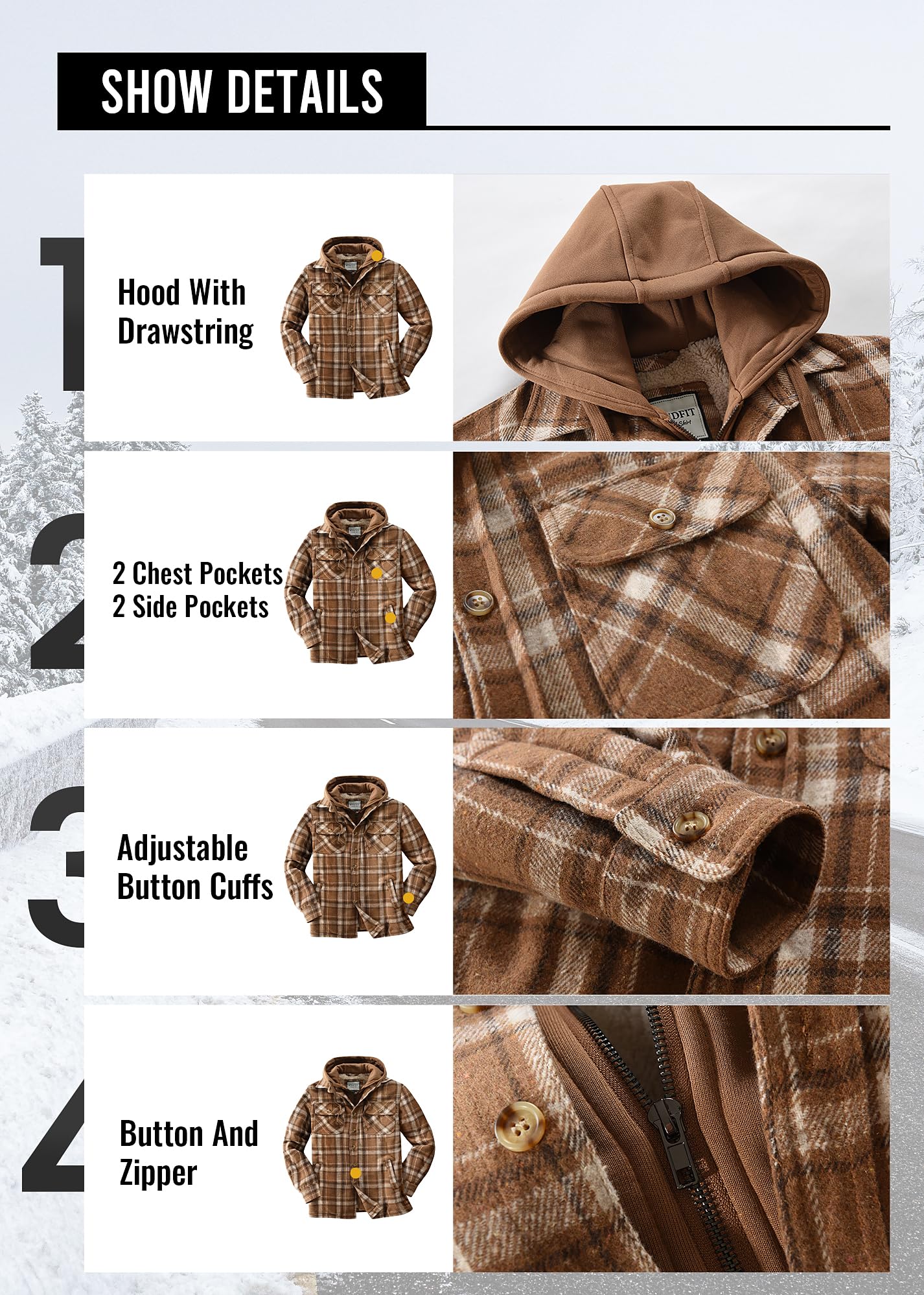 KOMANA Men's Zip Button Sherpa Plaid Flannel Shirt Jacket with Hood Brown Small