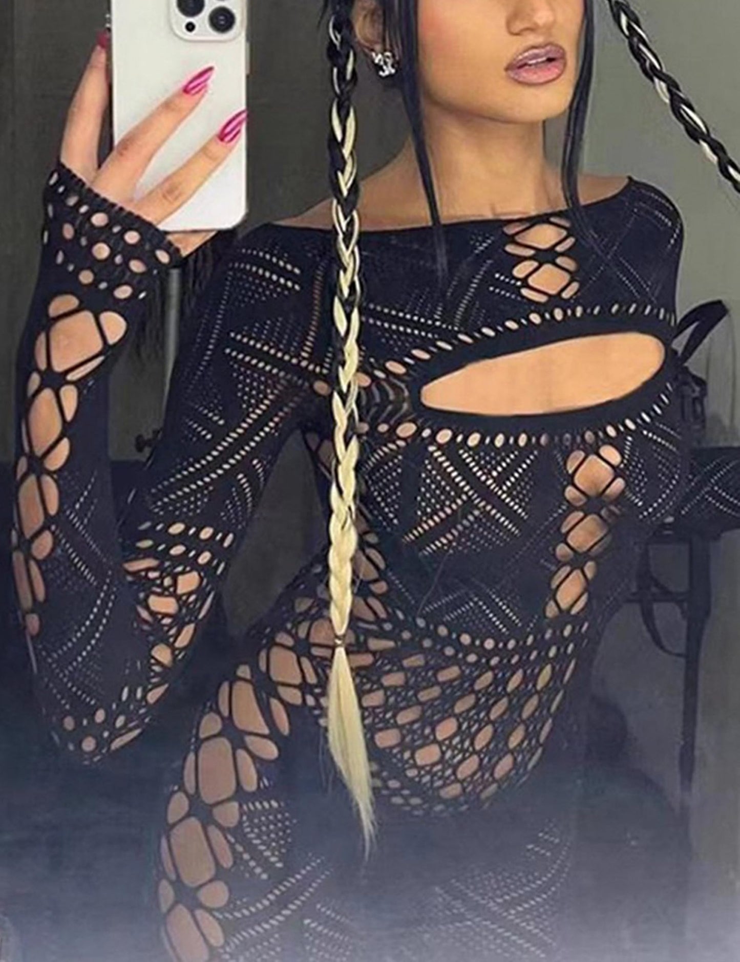 ST.Manrdy sexy club outfits for women fishnet bodysuit exotic wear dancer outfits Tights Bodycon Jumpsuit(Black)