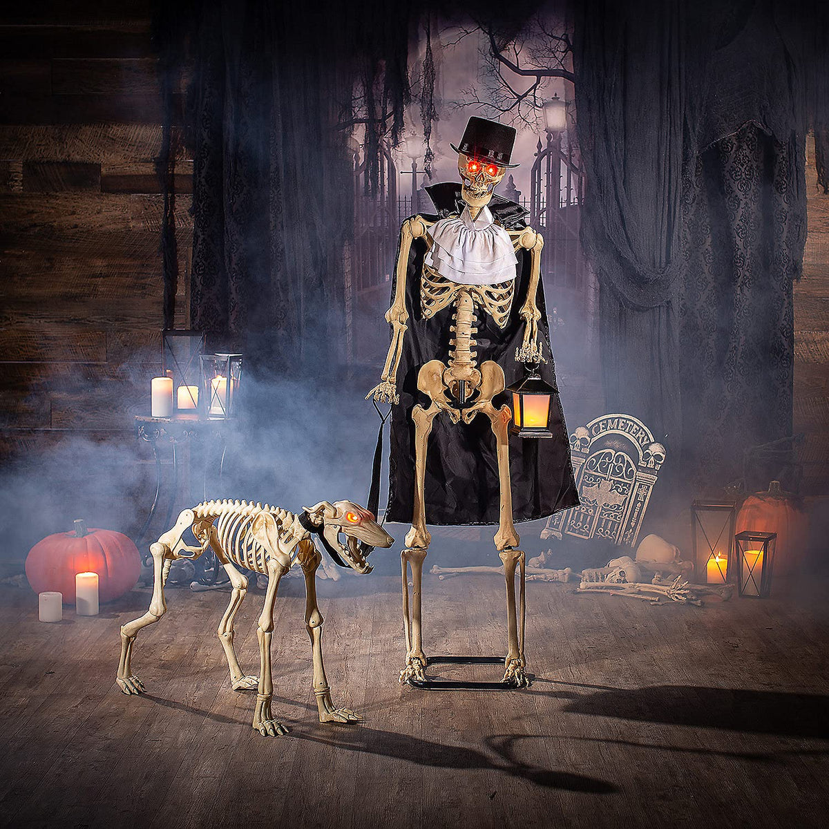 Animated Life-Size Skeleton & Dog Halloween Decorations Set - 36.5"x 25.75"x 62.25", 2 Pieces | Perfect Indoor and Outdoor Haunted House Display
