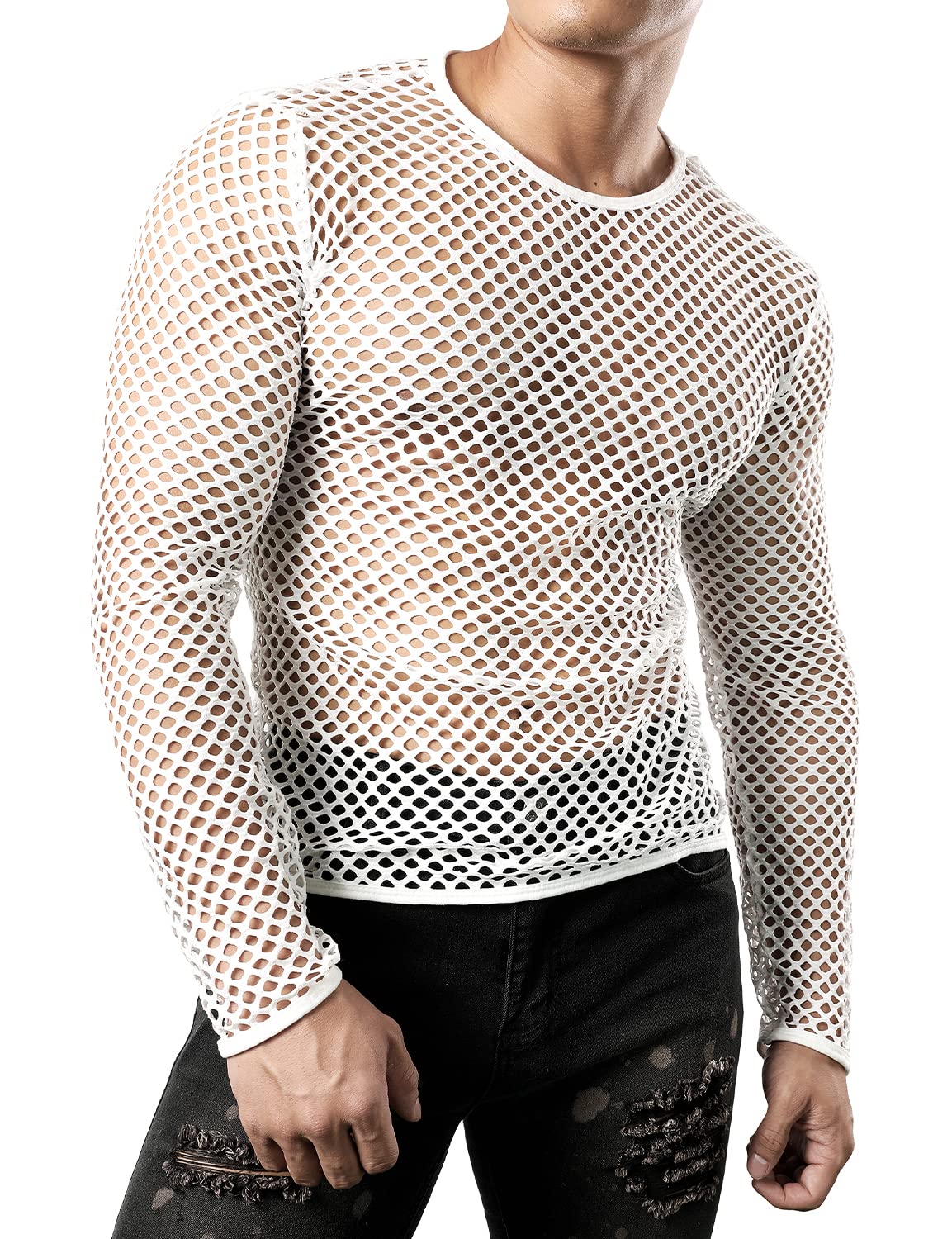 JOGAL Men's Mesh Fishnet Fitted Long Sleeve Muscle Top Medium WG04 White