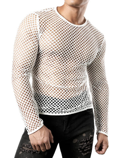 JOGAL Men's Mesh Fishnet Fitted Long Sleeve Muscle Top Medium WG04 White