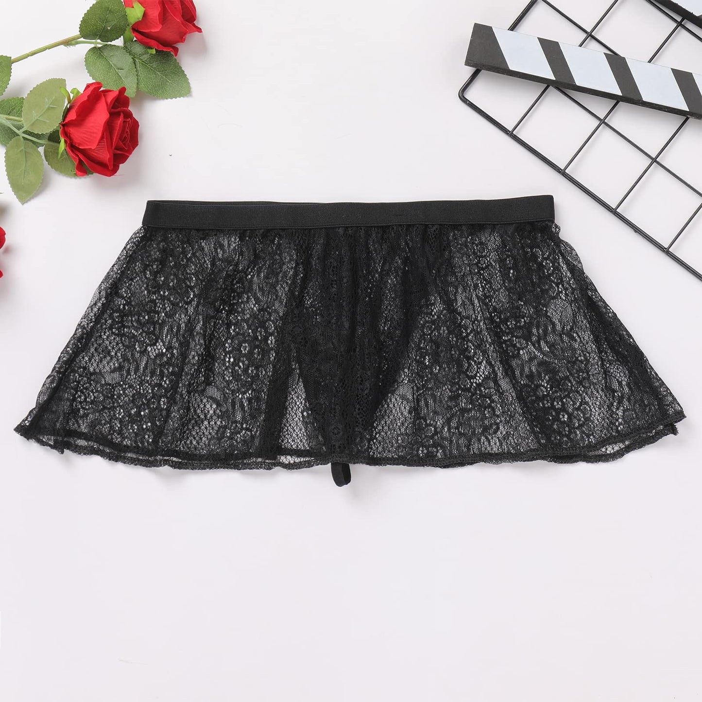 ABAFIP Men's Sissy Skirt Floral Skirted Sissy Thong Panties Crossdress Underpants Low Waist Sheer Bikini Briefs Underwear Black One Size