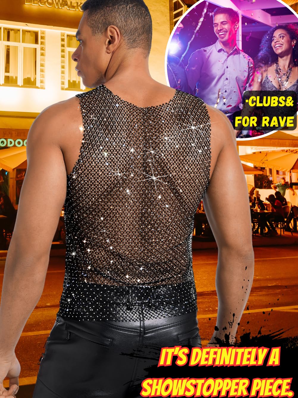 ChiaoLezhee Rhinestones Rave Outfits, Sparkly Mesh Tank Tops, Men's Sexy Sheer Fishnet Shirt for Music Festival, Crewneck Sleeveless Glitter Going Out Vest Crop Clubwear,Black,X-Large