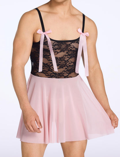 ABAFIP Men‘s Lace Babydoll Dress Sheer See Through Crossdresser Lingerie Mesh Nightgown Femboy Outfit Light Pink Medium