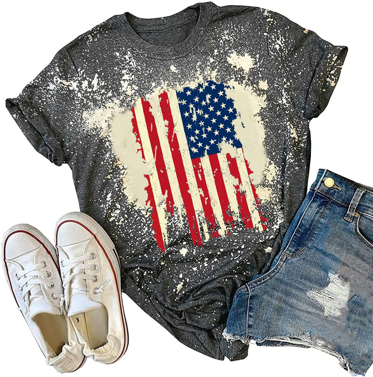 American Flag Shirt Women Patriotic Shirt Vintage USA Flag Bleached T-Shirt Short Sleeve 4th of July Tee Tops (Dark Grey-2, X-Large)