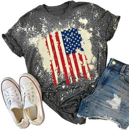 American Flag Shirt Women Patriotic Shirt Vintage USA Flag Bleached T-Shirt Short Sleeve 4th of July Tee Tops (Dark Grey-2, X-Large)