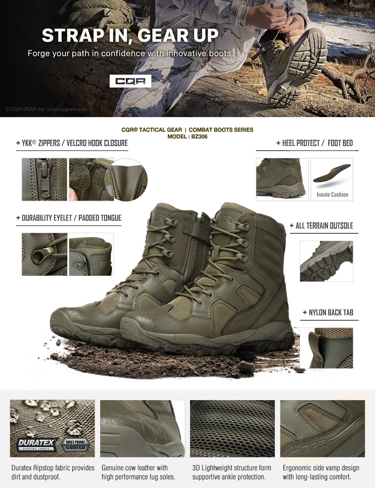 CQR Men's Military Tactical Boots, Lightweight 6 Inches Hiking Combat Boot Durable Breathable Outdoor Work Motorcycle Footwear, Patrol 6 With Zipper Soil Green, 11