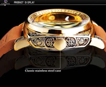 FORSINING Watches for Man, Square Retro Mechanical Watch Self-Wind Carved, Skeleton Automatic Watches Vintage Leather Strap Wristwatch