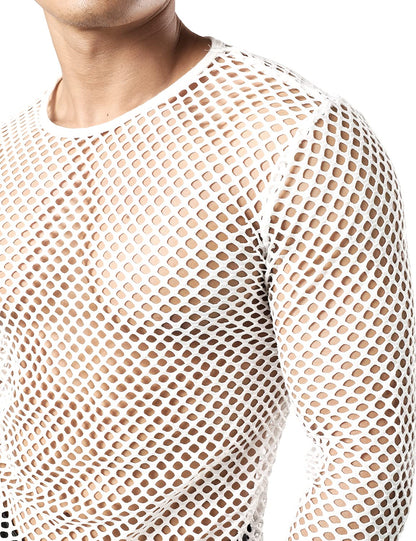 JOGAL Men's Mesh Fishnet Fitted Long Sleeve Muscle Top Medium WG04 White