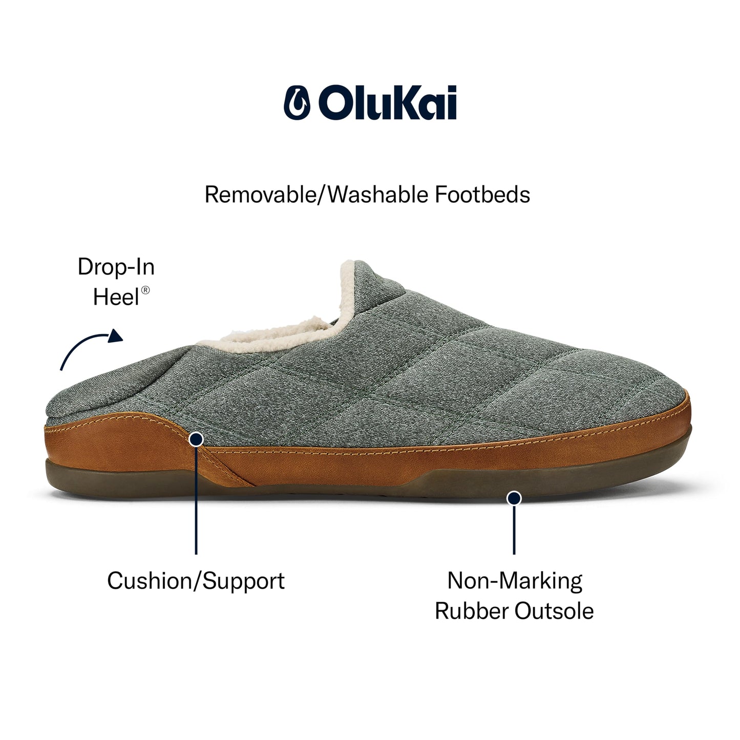 OLUKAI Puku'i Men's Fleece Slippers, Comfortable Activewear Slippers, Premium Full-Grain Leather & Jersey Knit, Drop-In Heel & All-Day Comfort, Ash/Ash, 10