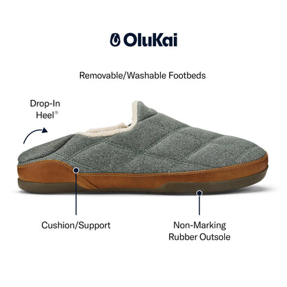OLUKAI Puku'i Men's Fleece Slippers, Comfortable Activewear Slippers, Premium Full-Grain Leather & Jersey Knit, Drop-In Heel & All-Day Comfort, Ash/Ash, 10