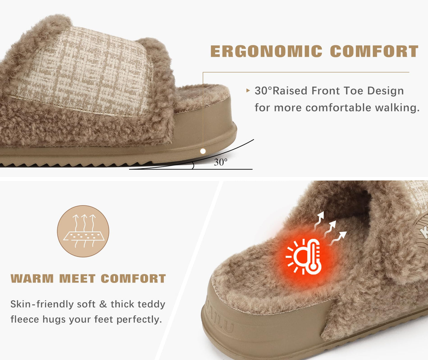 KuaiLu Cushion Slippers For Women with Orthopedic Arch Support Wide Adjustable Open Toe Platform Furry Fur Sandals Warm Teddy Fleece Recovery Slides Slip On House Shoes Indoor Outdoor, Beige US11