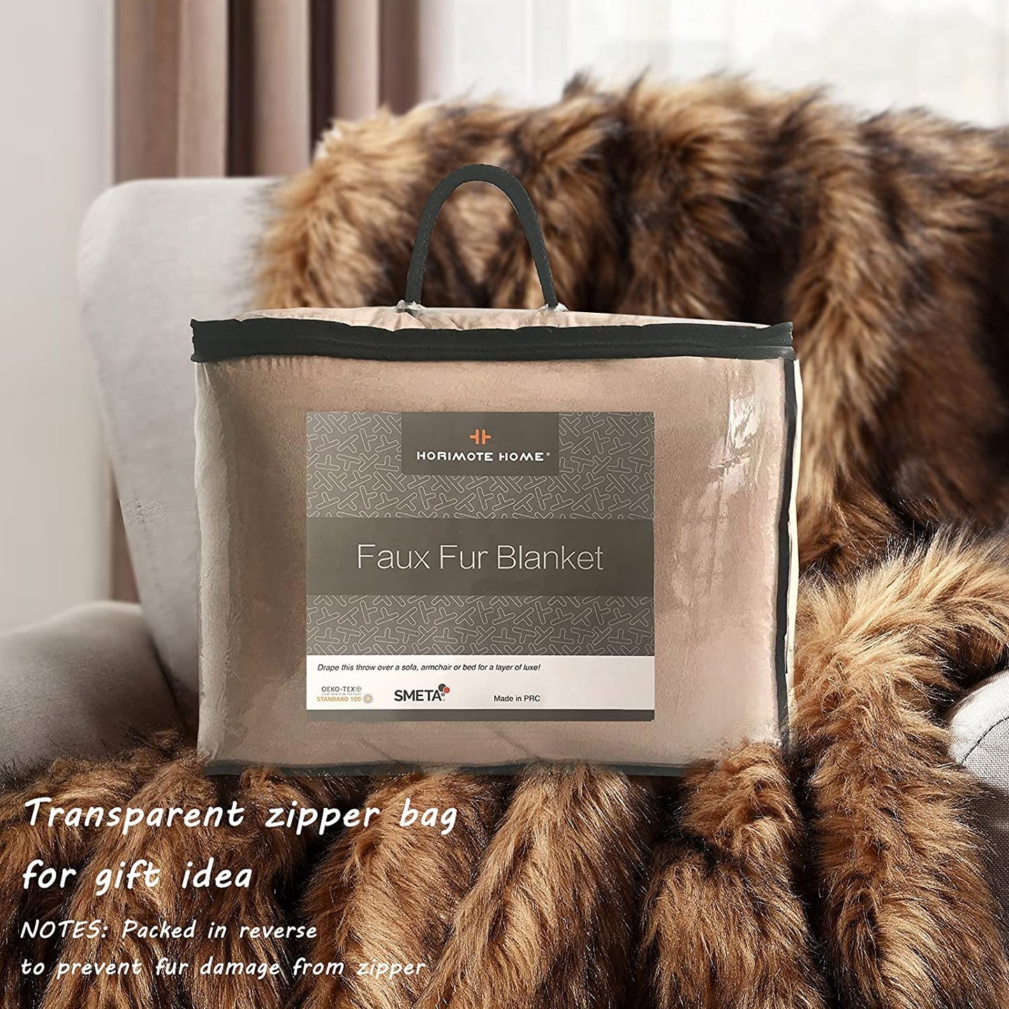 Luxury Plush Faux Fur Blanket King Size, Long Pile Brown with Black Tipped Throws, Oversized Super Warm, Fuzzy, Elegant, Fluffy Decoration Throw Blanket for Sofa, Armchair, Couch and Bed, 104"x90"