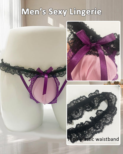 Mens Lace Frilly Thong Underwear, Bulge Pouch Panties Sissy Lingerie For Men Femboy (US, Alpha, One Size, Regular, Regular, Purple)