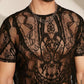 SHENHE Men's Sheer Floral Lace Fringe Short Sleeve Crewneck Cropped Tee Party Shirt Top Black Medium