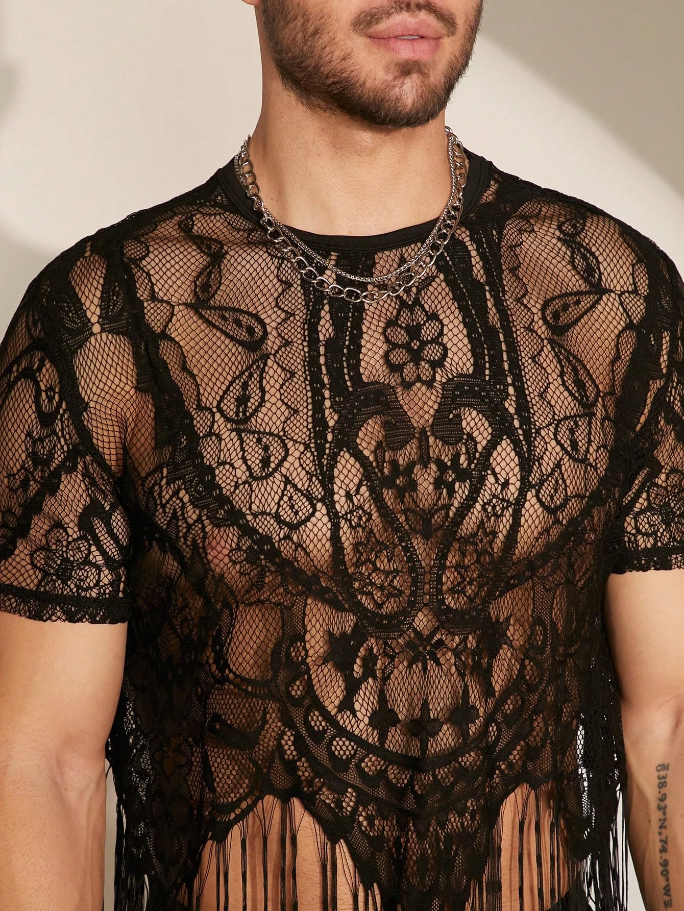 SHENHE Men's Sheer Floral Lace Fringe Short Sleeve Crewneck Cropped Tee Party Shirt Top Black Medium