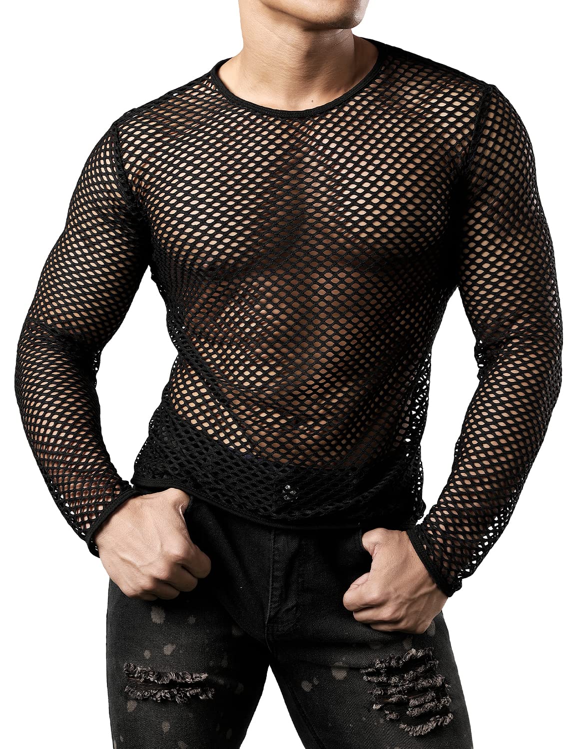 Gay Men's Mesh Fishnet Fitted Long Sleeve  Black
