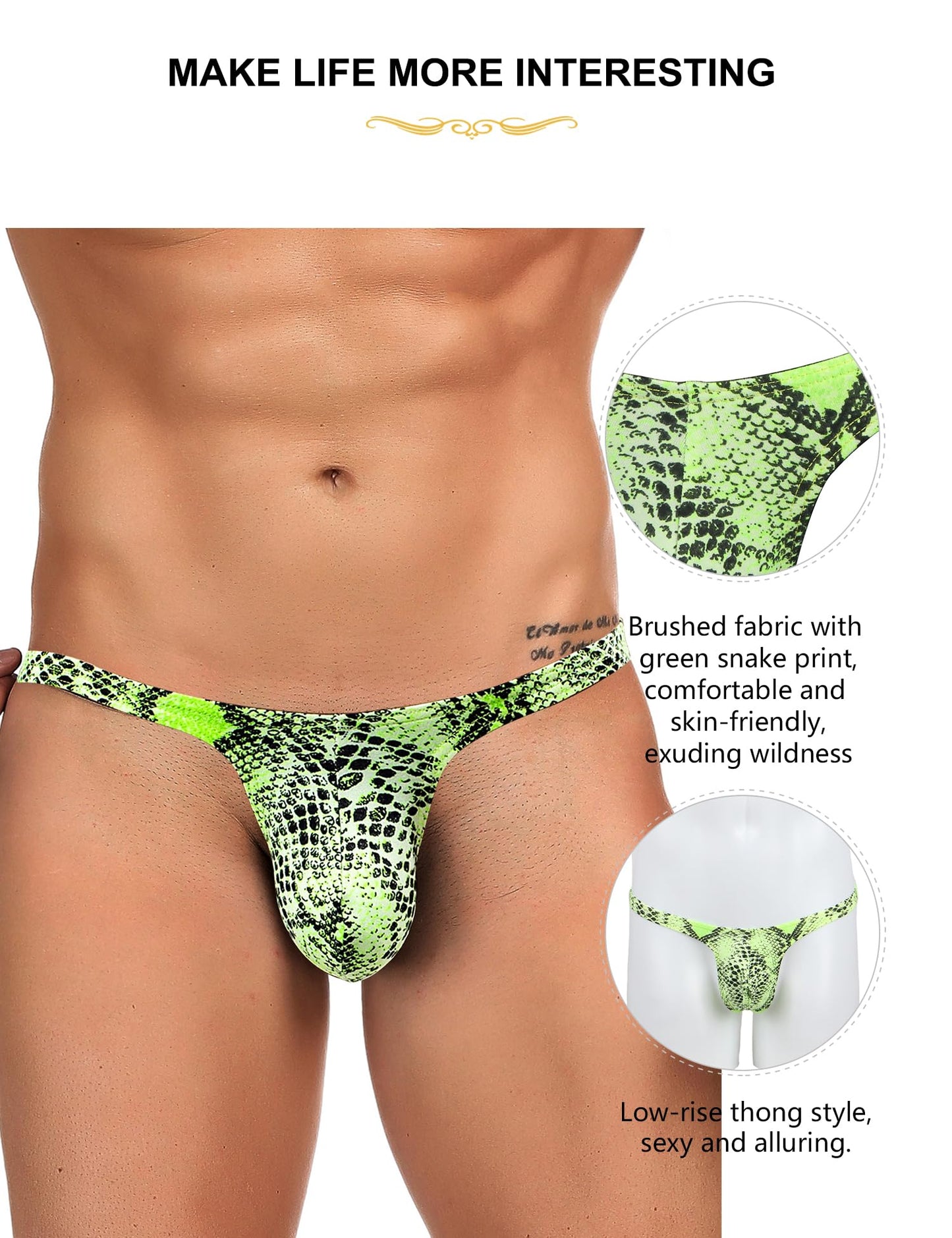 3 Pack Mens G-String Thong Underwear Snake Print - Green S）