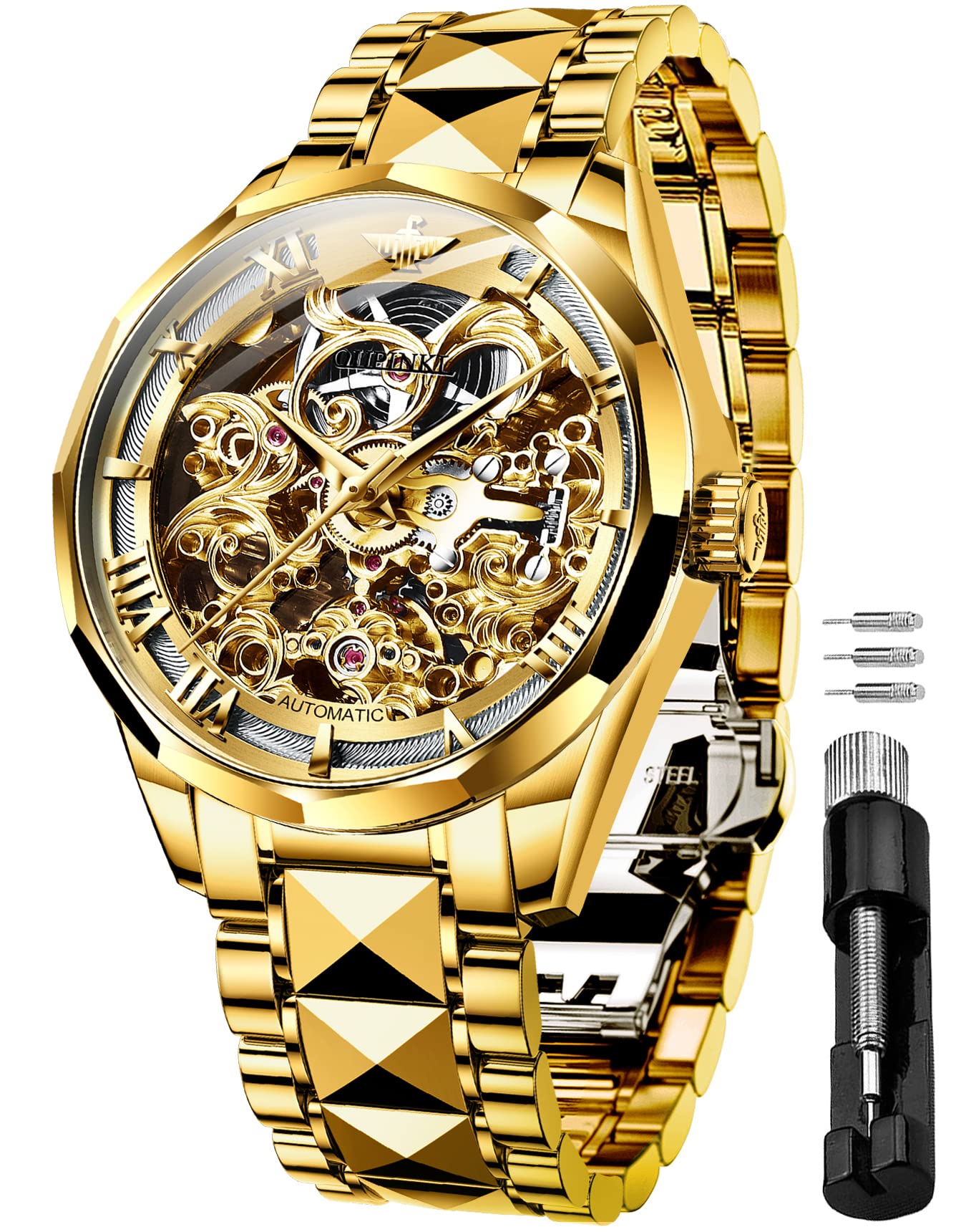 OUPINKE Men's Gold Skeleton Mechanical Luxury Wrist Watches
