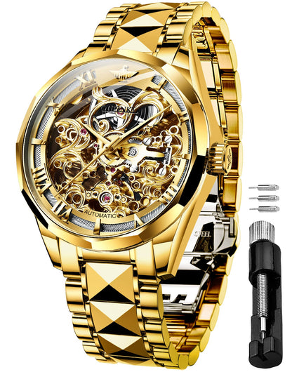 OUPINKE Men's Gold Skeleton Mechanical Luxury Wrist Watches