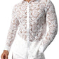 JOGAL Men's See Through Flower Lace Sheer Blouse Long Sleeve Button Down Shirts White XX-Large