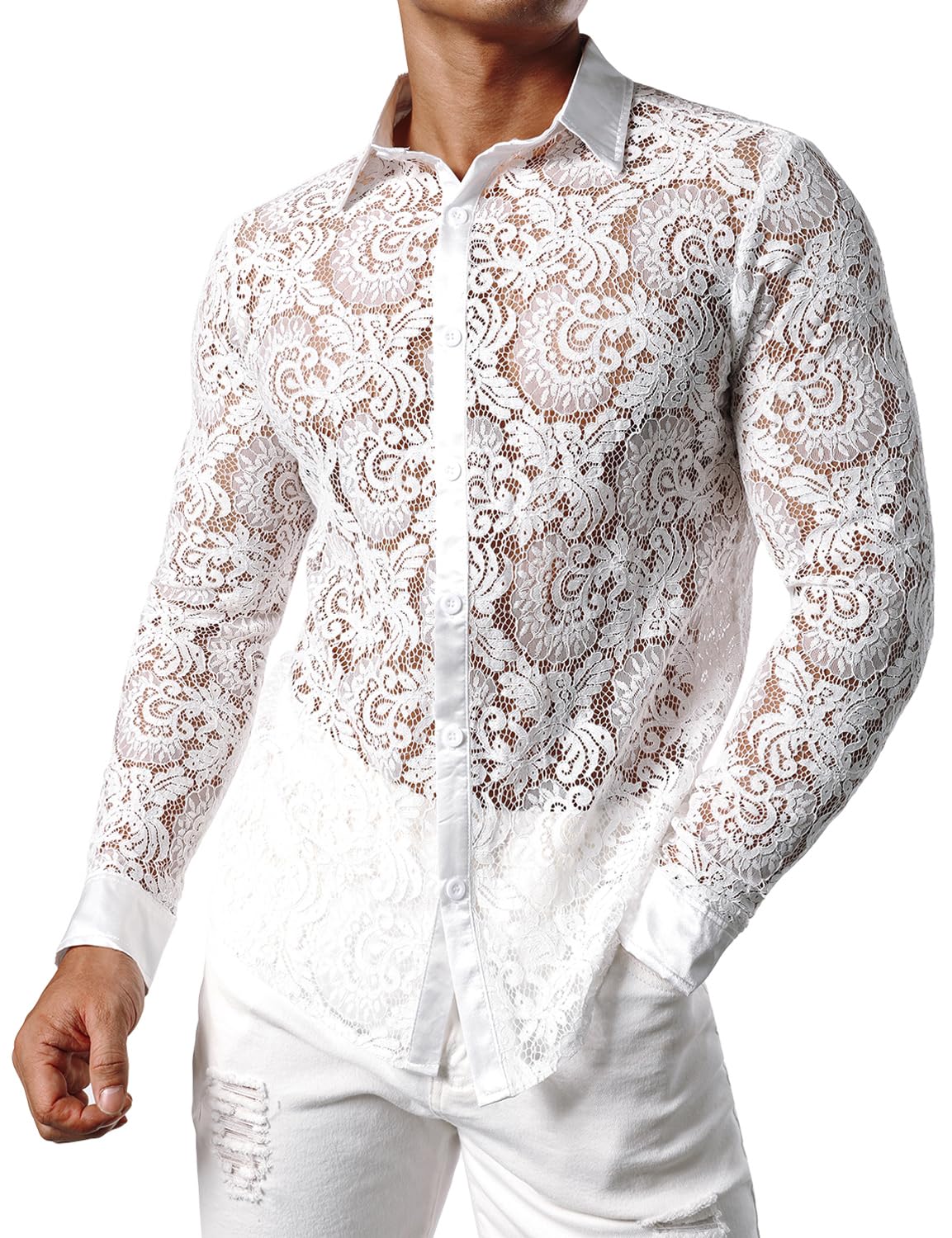 JOGAL Men's See Through Flower Lace Sheer Blouse Long Sleeve Button Down Shirts White XX-Large