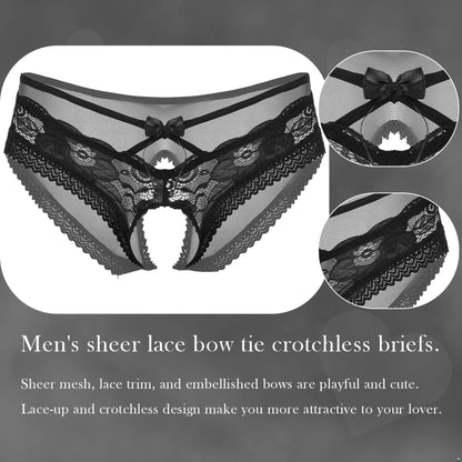 Hedmy Men's Sexy Lingerie Sissy Gay Thongs Briefs Underwear Bow Ultra Low Rise Crossdresser Panties Black X-Large