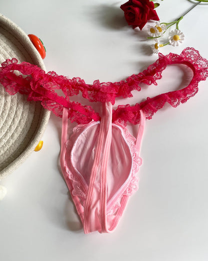 Mens Pink Lace Frilly Thong Underwear, Sissy Pouch Panties Sexy Lingerie For Crossdressing Femboy (US, Alpha, One Size, Regular, Regular, Pink)