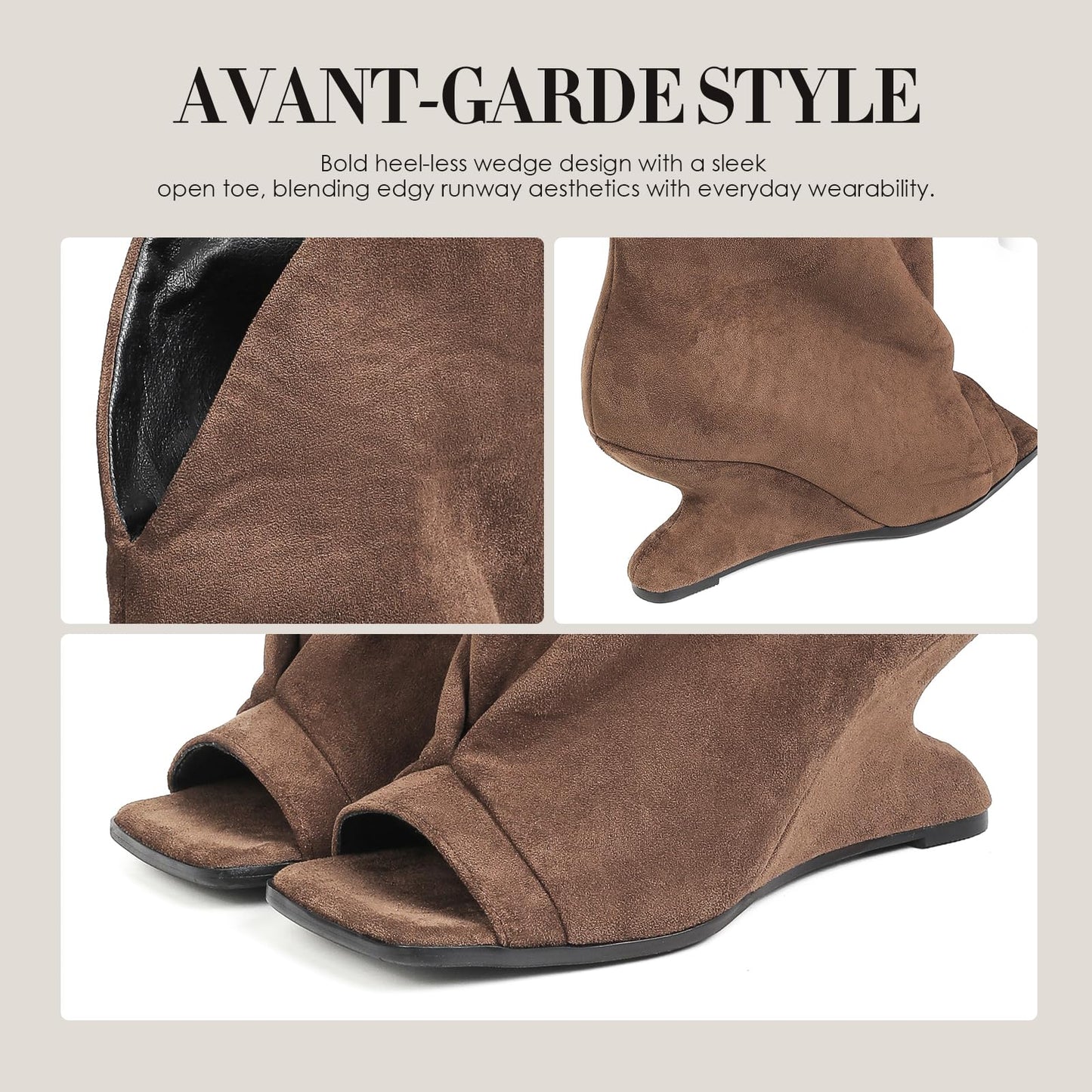 MEEYUS Women's Open Toe Wedge Boots Fold Over Knee High Pull On Tall Dress Boots Slouchy Peep Toe Wedge Heel Booties, Brown Suede, 7