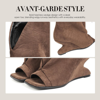 MEEYUS Women's Open Toe Wedge Boots Fold Over Knee High Pull On Tall Dress Boots Slouchy Peep Toe Wedge Heel Booties, Brown Suede, 7