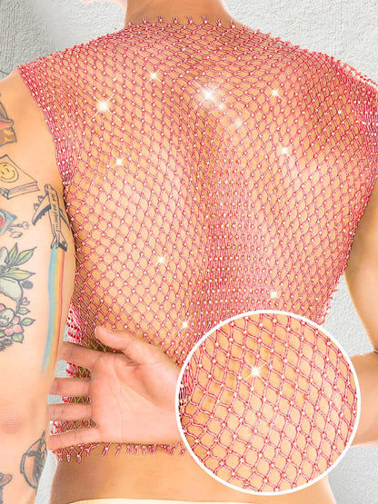 Kaei&Shi Rhinestone Mens Tank Tops Sheer Mesh See Through Fishnet Sparkly Rave Outfit Festival Crop Men Shirt Sexy Club Party,Pink,Small