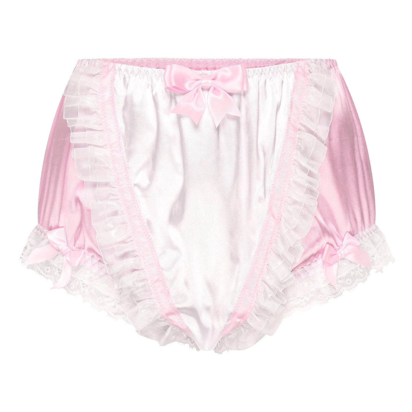 Satini Frilly Lace Sissy Silky Satin Full Coverage Adult Diaper Cover Briefs Lingerie Underwear Panties (Baby Pink - White, XXL)