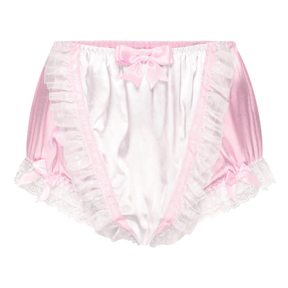 Satini Frilly Lace Sissy Silky Satin Full Coverage Adult Diaper Cover Briefs Lingerie Underwear Panties (Baby Pink - White, XXL)