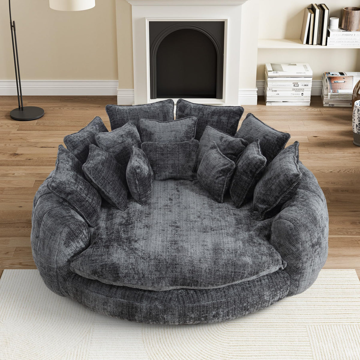 BEQAI 81" Round Sofa Bed, Oversized Chenille Bean Bag Couch, Dark Gray