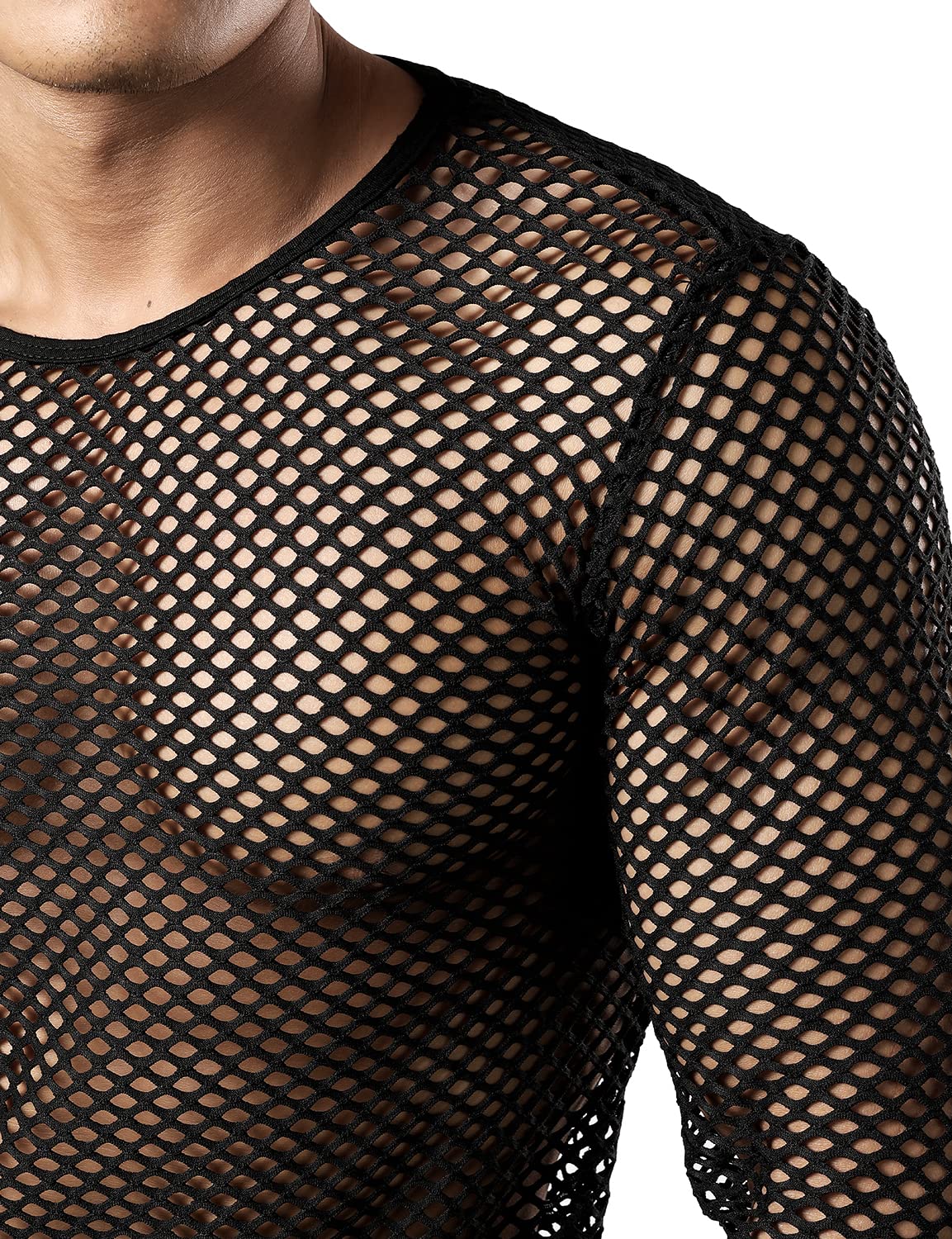 Gay Men's Mesh Fishnet Fitted Long Sleeve  Black