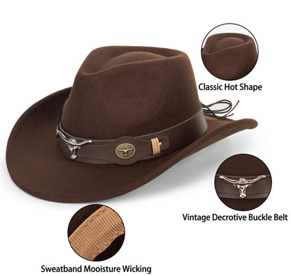 Classic-Western-Cowboy-Hat Wide-Brim Felt-Cowgirl-Fedora-Jazz-Hat for Women