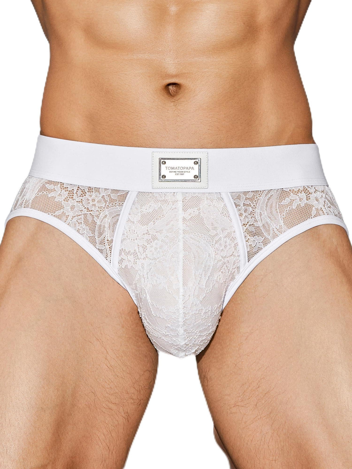 Men's Italian Style Lace Briefs Underwear, Luxury Vintage Briefs with Floral Lace Trim, High Elastic Soft Underwear Comfortable Undepants, Sophisticated Design White