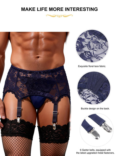 Men's 6-Strap High-Waist Blue Lace Garter Belt with Metal Clamps Adjustable Suspenders Garter Belts for Thigh Highs, M