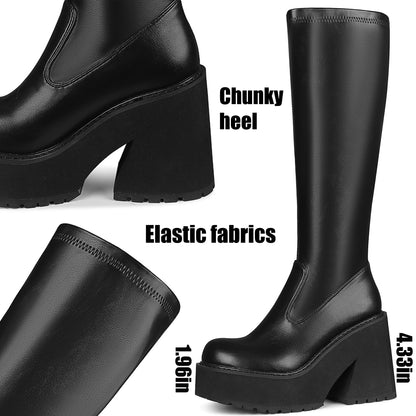 Womens Elastic Knee High Boots Platform Chunky Block High Heel Sock Boots Zipper Round Toe Fashion Motorcycle Combat Punk Boots For Women Black size 8.5