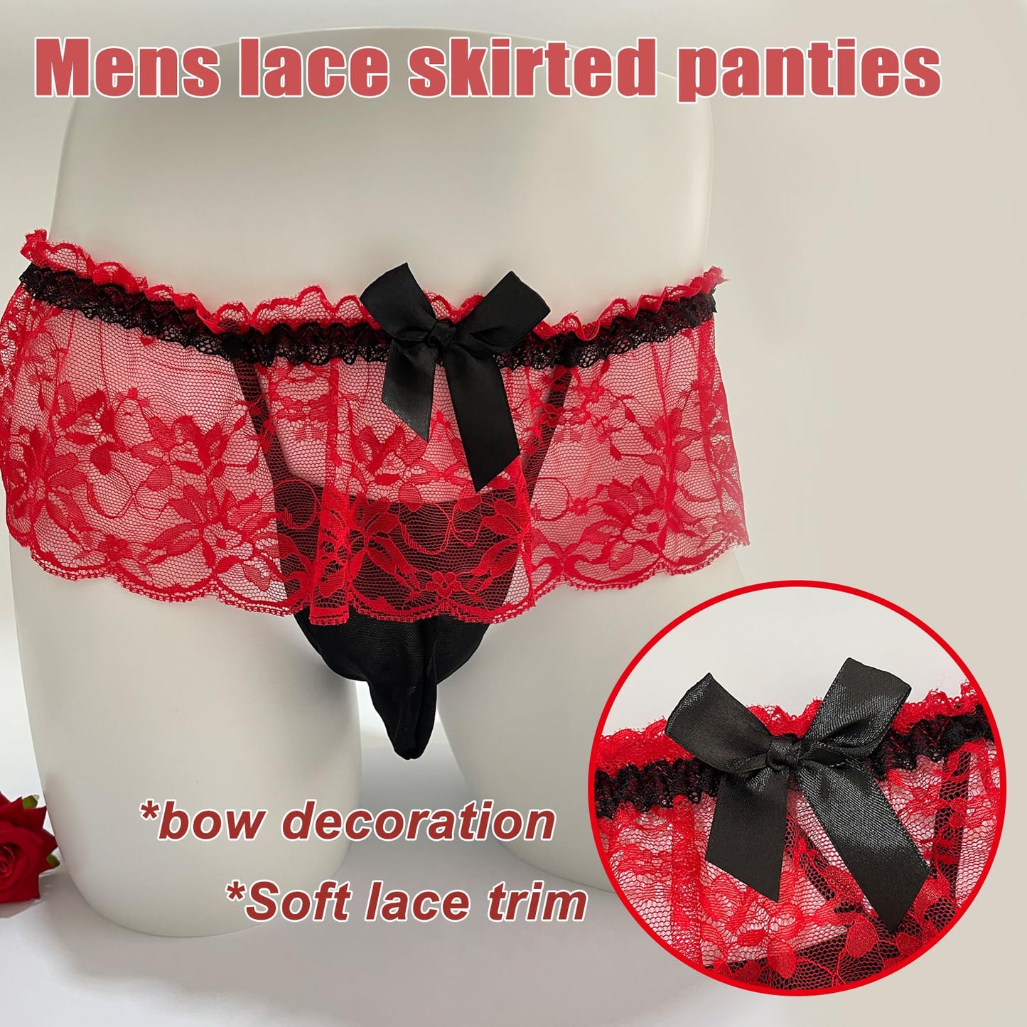 Men's Lace Panties Skirted Sissy Underwear For Men Sexy Lingerie Femboy (US, Alpha, One Size, Regular, Regular, Red)
