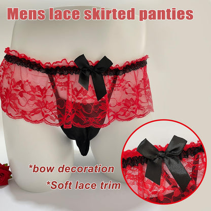 Men's Lace Panties Skirted Sissy Underwear For Men Sexy Lingerie Femboy (US, Alpha, One Size, Regular, Regular, Red)