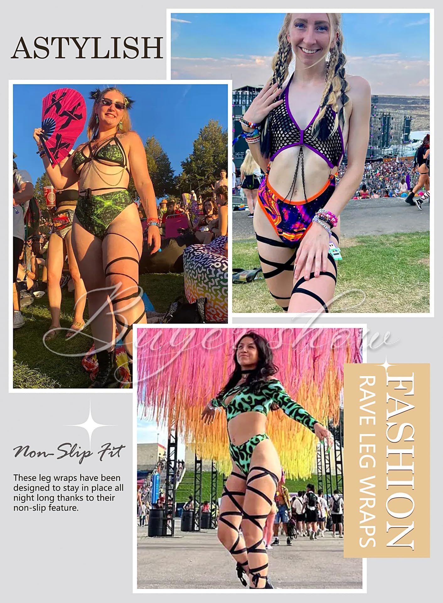 Rave Leg Wrap for Women - Music Festival Cosplay Costume Outfits Non-Slip Elastic Strap Halloween Party Accessories(2PackB,O,1330a)