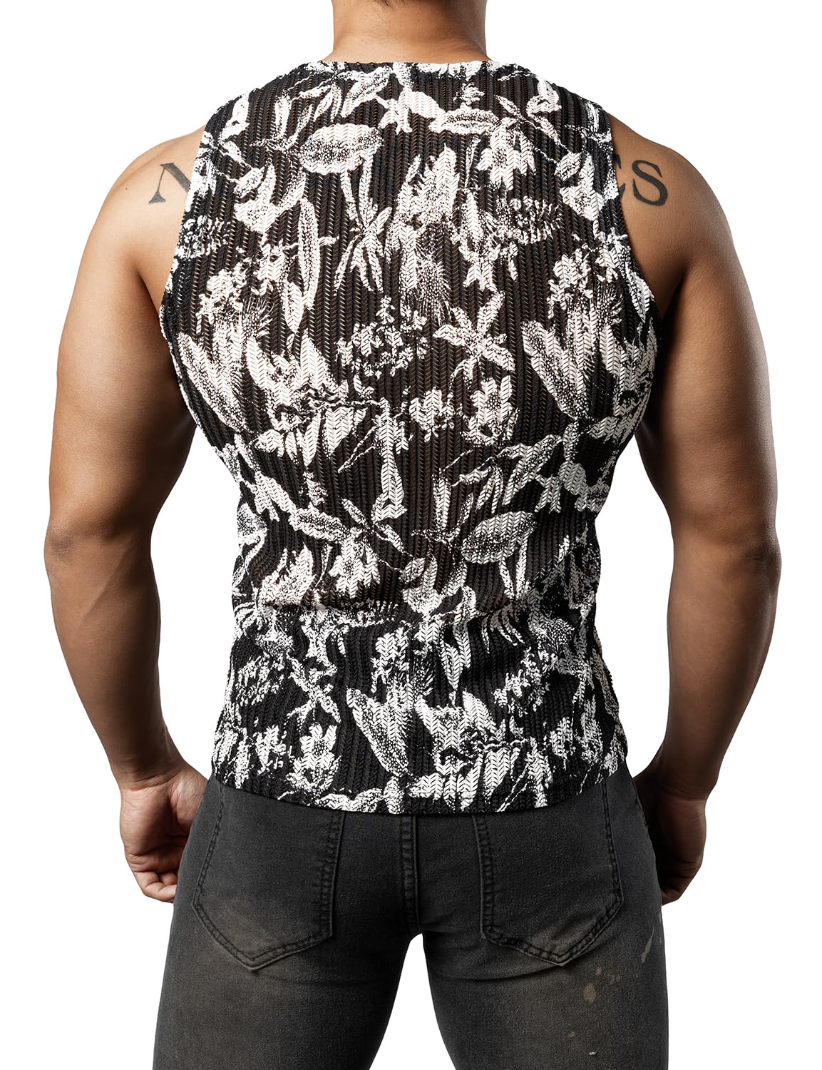 JOGAL Mens Boho Summer Tank Top Sleeveless Muscle Mesh Shirt Black X-Large