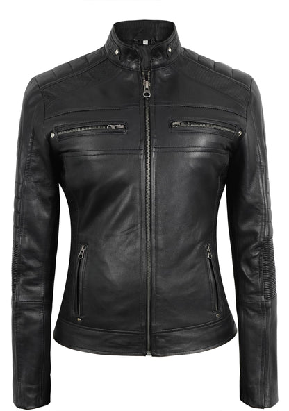 STOREJEES Black Leather Jacket Women Slim Fit | Cafe Racer Black, S Jacket