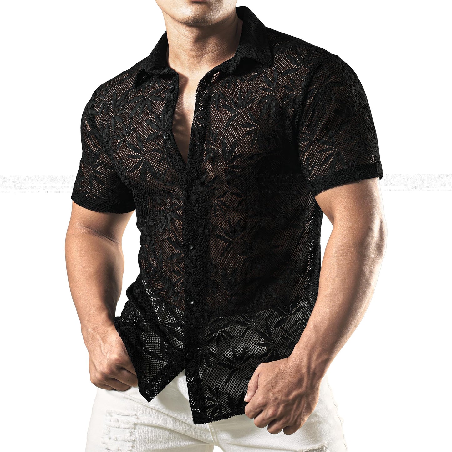 JOGAL Mens Floral Lace Shirt See Through Casual Button Down Shirts Deep Black Small