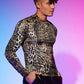 WDIRARA Men's Leopard Animal Print Mock Neck Long Sleeve Fitted Party Club Top Shirt Black and Brown L