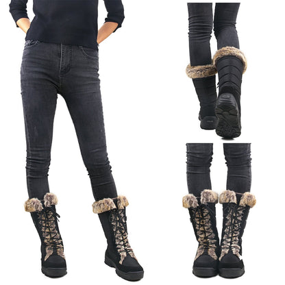 AUSLAND Women's Black Winter Snow Boots Twin Peaks Fur Cuff Mid-Calf Waterproof Lace Up Boots E7623 6US/37EU