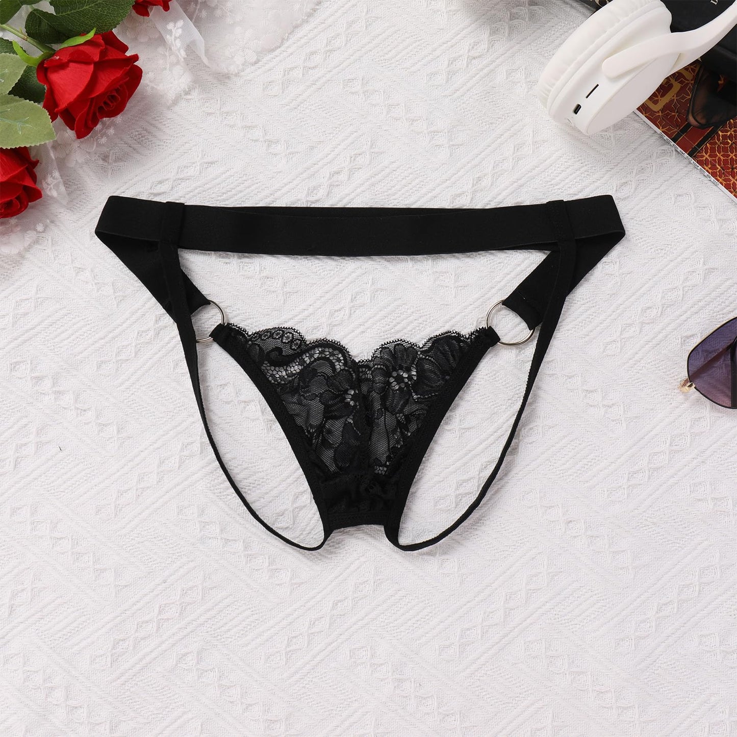 ABAFIP Men's Lace Thong Underwear Low Waist Sissy Pouch G-String Panties Crossdressing Lingerie Black Large