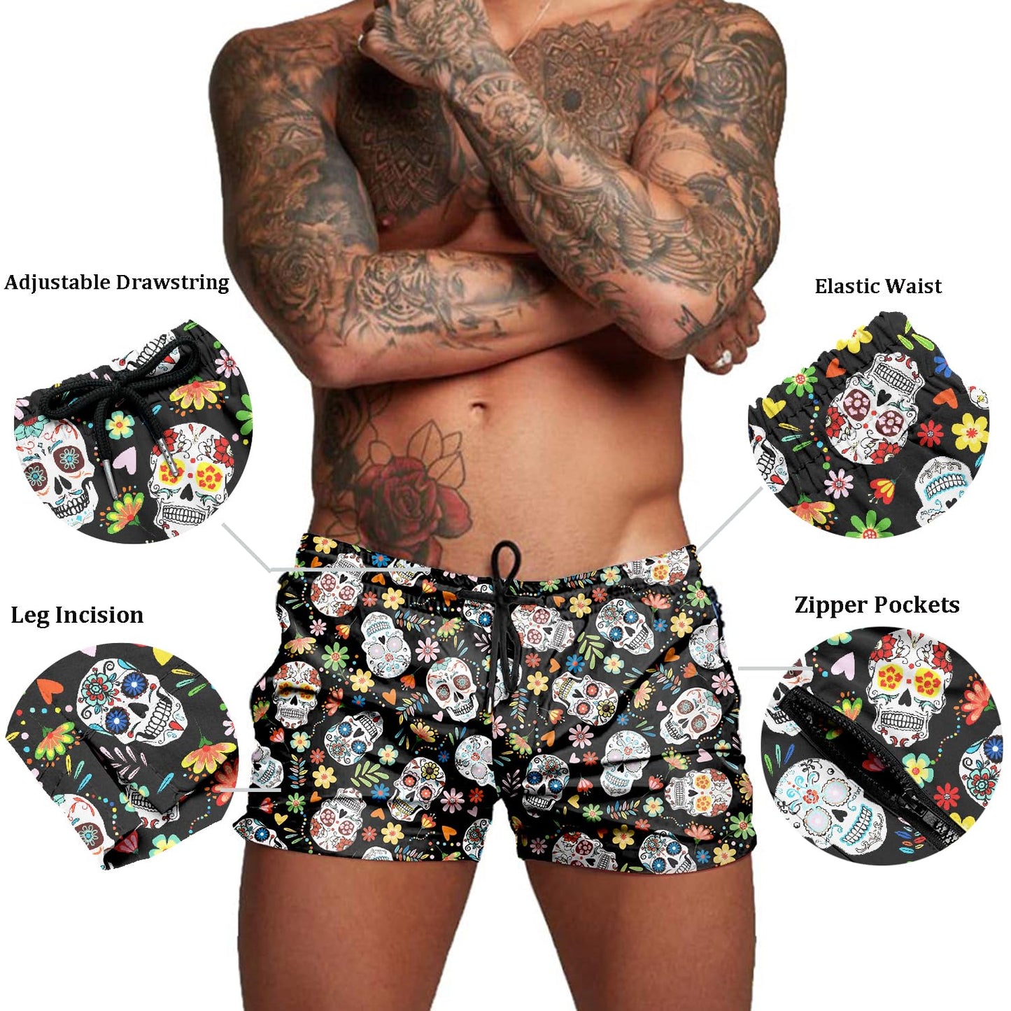 COOFANDY Men's Swim Trunk Quick Dry Swimwear Mesh Lining Bathing Suit Swimsuit Board Beach Sport Short Colorful Skull/L