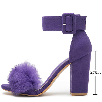 Women's Faux Fur Block Heels Ankle Strap Open Toe Sandals